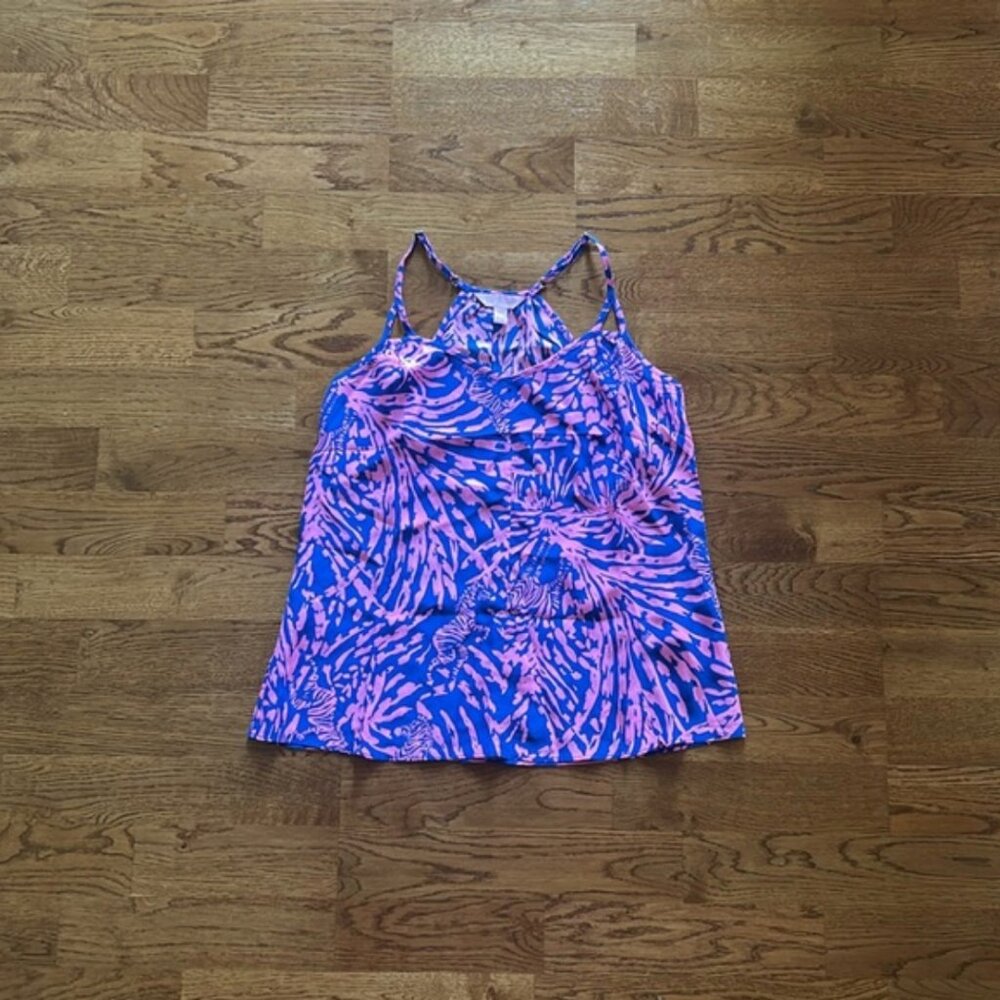 Lillly Pulitzer XXS Rory Tank Top Rollin In The Grass Pink Blue Silk Cami Blouse